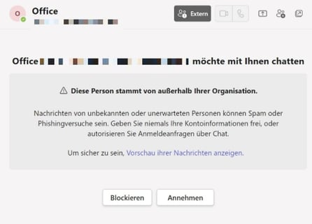 Übliche Warnmeldung bei Nachrichten von externen Kontakten