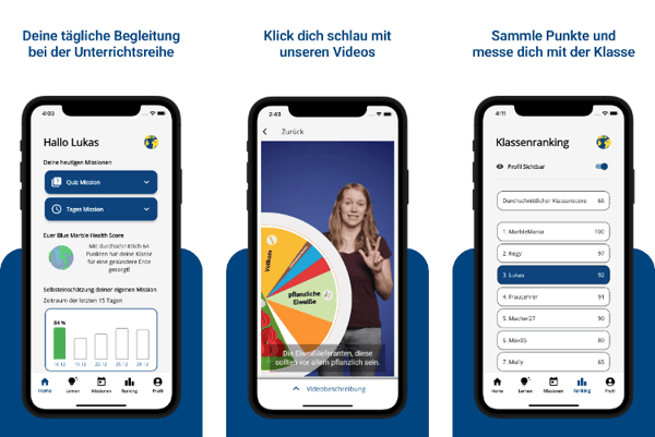 Drei Smartphone-Bildschirme nebeneinander, die verschiedene Apps oder Funktionen zeigen, darunter eine Finanzübersicht, ein Video und ein Formular.