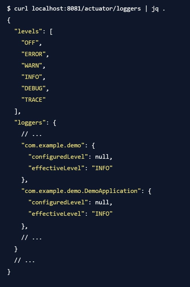 Spring Boot Actuator /loggers Endpoint mit konfigurierbaren Log-Leveln wie INFO, DEBUG und TRACE. Beispiel für Steuerung von Logging auf Runtime.