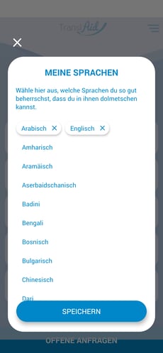 Screenshot der TransAid-App mit der Auswahl der Sprachen, die eine Ehrenamtlicher beherrscht, zur flexiblen Konfiguration von Einsatzpräferenzen