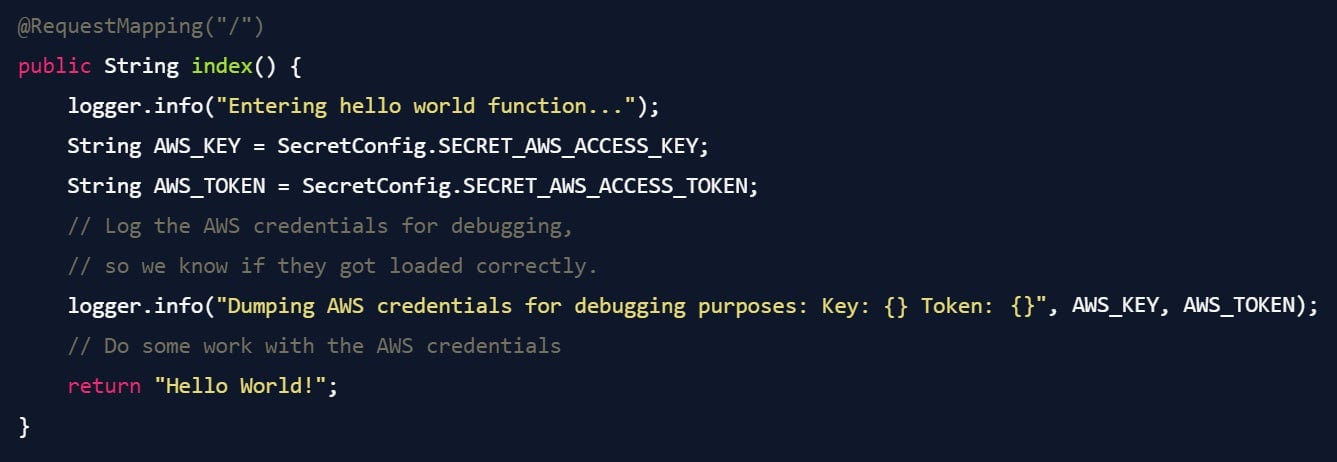 Unsicheres Logging in Spring Boot: AWS-Schlüssel und Tokens werden in der Hello World Controller-Methode per Logger.info ausgegeben.
