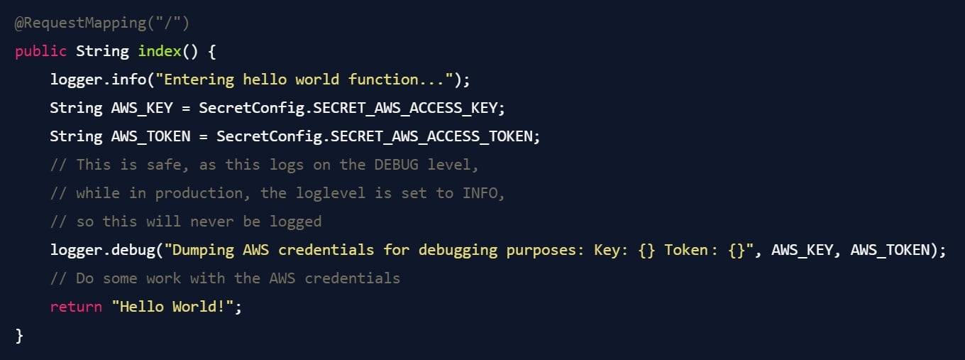 Beispiel für sichereres Debugging in Spring Boot: AWS-Zugangsdaten werden nur im Debug-Level (logger.debug) ausgegeben, nicht im Produktionsbetrieb.