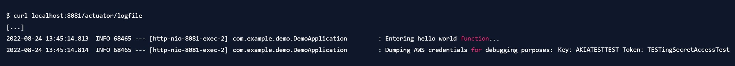 Spring Boot Actuator /logfile Endpoint offenbart AWS-Zugangsdaten im Log. Beispiel für Datenleck durch unsicheres Logging