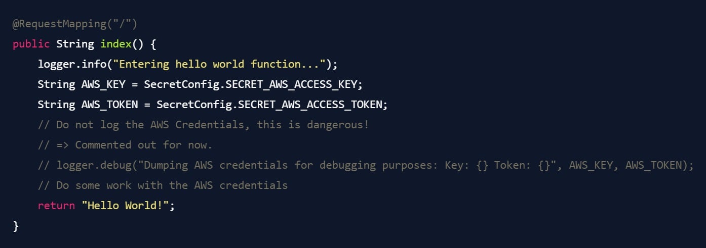 Controller-Methode in Spring Boot: Logging der AWS-Credentials wurde auskommentiert („Do not log the AWS credentials“) – Best Practice zur Vermeidung von Secret-Leaks