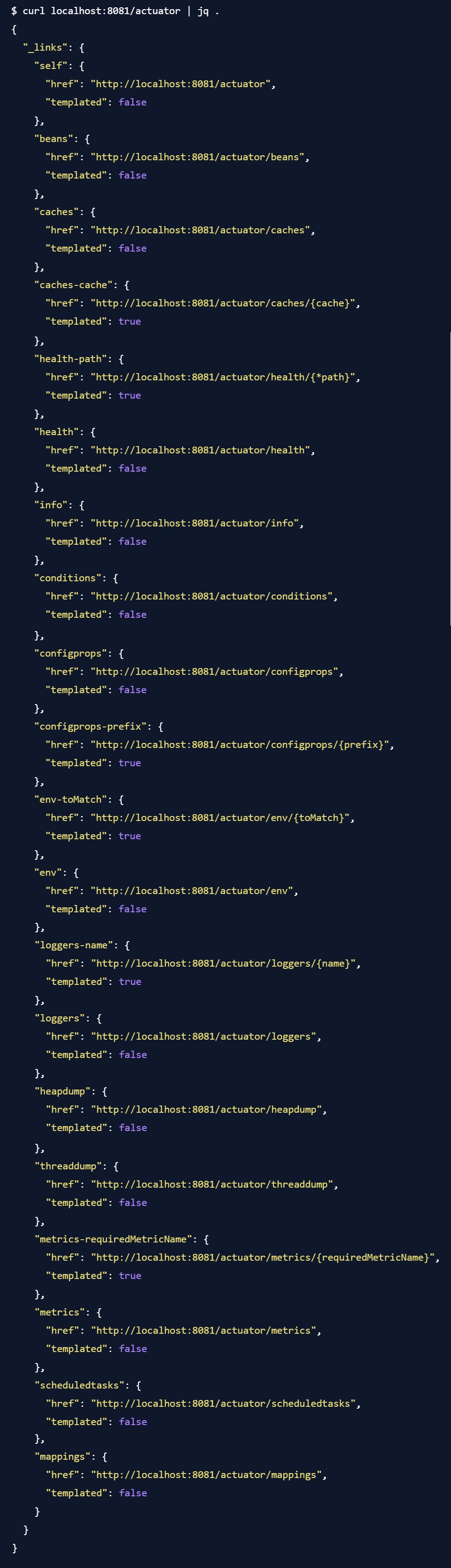 Beispielausgabe von Spring Boot Actuator Endpunkten mit cURL und jq. Übersicht über verfügbare Schnittstellen wie Health, Metrics, Loggers und ConfigProps