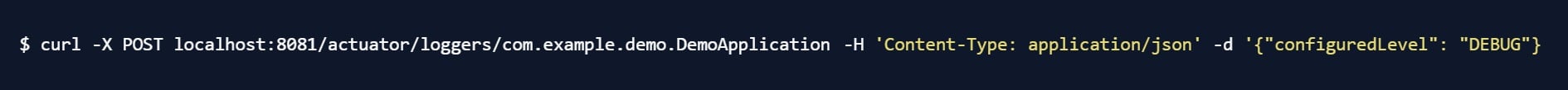 Spring Boot Actuator Security: cURL-Beispiel setzt per /actuator/loggers den Loglevel der com.example.demo.DemoApplication auf DEBUG – Risiko, weil Debug-Logs sensible Daten preisgeben können.