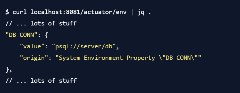 „Spring Boot Actuator /env Endpoint zeigt Datenbank-Connection String DB_CONN. Beispiel für versehentlich exponierte Umgebungsvariablen.