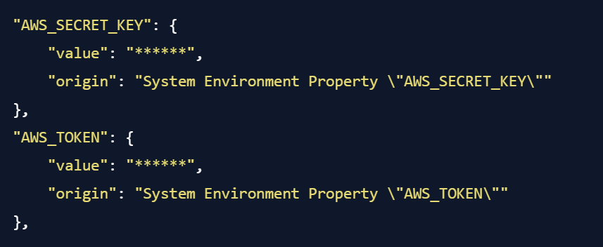 Spring Boot Actuator /env Endpoint mit sensiblen Werten wie AWS_SECRET_KEY und AWS_TOKEN. Sicherheitsrisiko durch unzureichend geschützte Variablen.