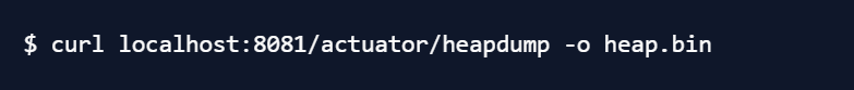 Screenshot eines curl-Befehls, der den Heapdump eines Spring Boot Actuators unter Port 8081 herunterlädt und als Datei heap.bin speichert.