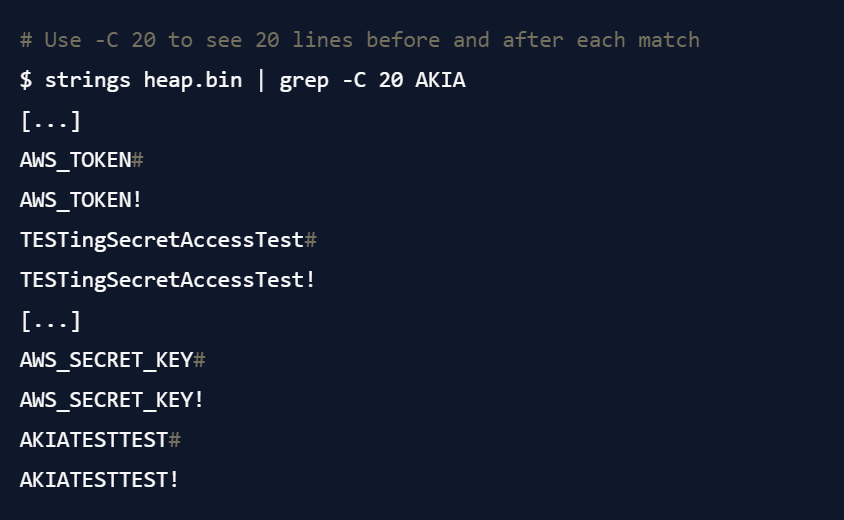 Analyse des Heapdumps mit strings/grep: Klartext-Treffer für AWS_TOKEN, AWS_SECRET_KEY und Access-Key – Beleg für Geheimnisabfluss über Heapdump