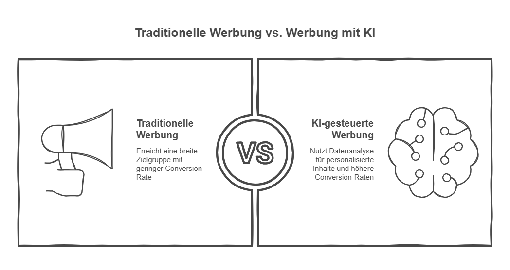 Vergleich zwischen traditioneller Werbung und KI-gesteuerter Werbung: Klassische Ansprache breiter Zielgruppen versus personalisierte Werbung auf Basis von Datenanalyse.